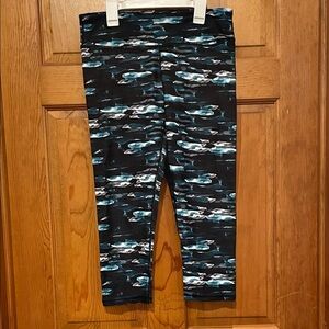 Fabletics Black and Blue Watercolor Capri Length Leggings